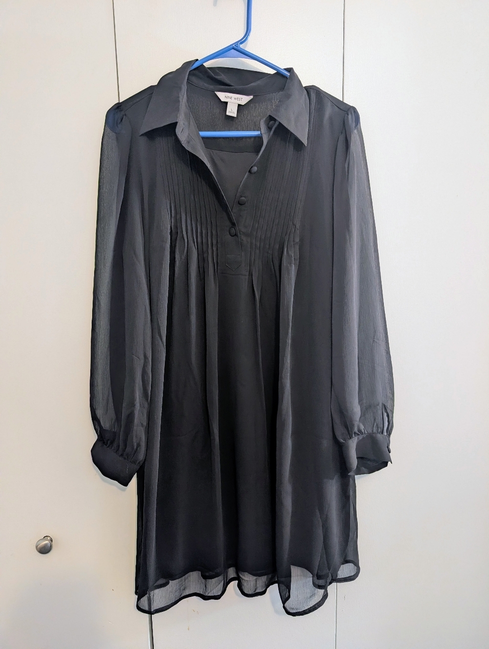 Nine West Black Sheer Pintuck Tunic Shirt Dress Lined Size Large